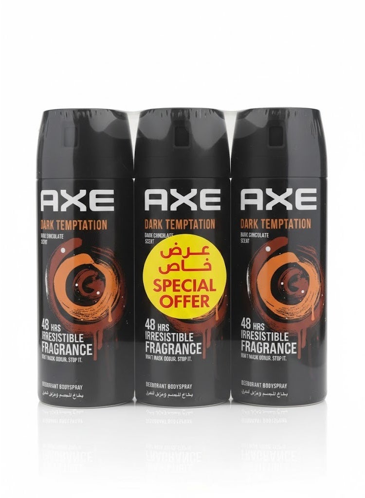 Men Deodorant Body Spray, Irresistibly Fresh for Longer, Dark Temptation, 48H All Over Fresh, Aluminium Free, 150ml x 3 Packaging May Vary
